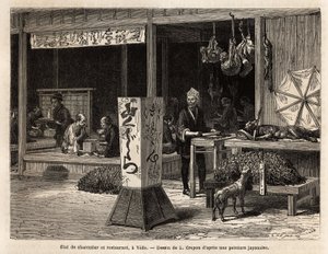 Zákazníci jedí sedící na pódiu restaurace a soused řezník přítomný kolemjdoucím, pod velkým zvonem z bambusového pletiva zavěšený kanec, jeho nejlepší kusy zvěře, jako je veverka, zajíc nebo opice, jejichž lezecké stěny se stávají od Unknown artist