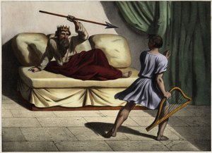 David hrál na cithar před králem Saulem, aby ho uklidnil. Anonymní rytina z poloviny 19. století. od Unknown artist