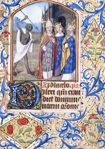 Smrt s kopím mířícím na tři postavy, papež, král, král a královna, stojící před gotickým kostelem, kolem roku 1470 od Unknown artist