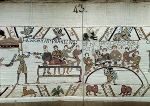 Debarques v Anglii, paže Viléma Dobyvatele (1027-1087) pořádají hostinu při čekání na boj se saskými zbraněmi Harolda II. Guillaume je obklopen barony a Eveque Odon Detail tapisérie z Bayeux nebo výšivky královny Mathildy od Unknown artist