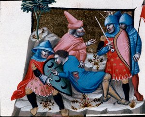 Odsouzení zločinu krve Miniatura převzatá z Justiniánského zákoníku (Codex Justinianus), sbírky zákonů a institucí vydaných za římského císaře Justiniána I. Byzantského (483-565) od Unknown artist