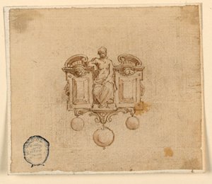 Design pro brož se ženou v rozbitém pedimetu od Unknown artist