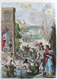Různé metamorfózy, v popředí Skylla a do ní zamilovaný mořský bůh Glaucos, v pozadí oběšený Iphis rejetes od Anaxarete. Ilustrace převzatá z knihy XIV „“ Metamorphoses ““ (Metamorfosi) od Ovidea (43 př. nl-17 n. l.). Gravírování 1 od Unknown artist