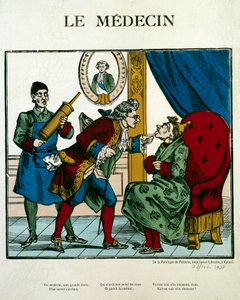 Doctor Scene představující lékaře vyšetřujícího pacienta, jeho asistent za ním drží klyster. Rytina Paříže 19. století, B.N. od Unknown artist