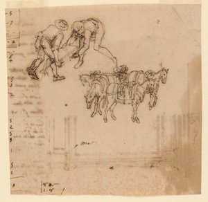 Kresba: A) Dva muži nesou kufr; čtyři muly s řidičem. B) Projekt pro rám od Unknown artist