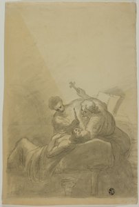 Umírající muž navštěvovaný dvěma postavami držícími svíčku, knihu a kříž od Unknown artist