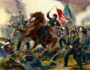 Episode of the Secession War (1862-1865) nebo Civil War in the United States: American General of Union Forces Ulysses Simpson Grant (1822-1885) během bitvy proti jednotkám států konfederace. Rytina 19. století Private Collecti od Unknown artist