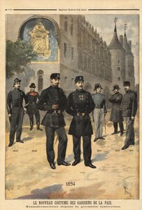 Vývoj uniforem mírových jednotek (nebo městských seržantů) od roku 1860 do roku 1894 před hodinovou věží Concierge v Paříži. Rytina v „“Le petit journal““ 09/1894. Selva sbírka. od Unknown artist