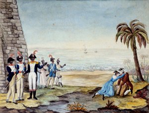 Poprava osadníka: Poprava osadníka během povstání v Santo Domingu (Střední Amerika, Antily) v roce 1791. Rytina 18. století. Chartres, Muzeum výtvarných umění od Unknown artist