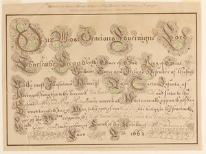 Faksimile originálu oddacího listu Karla II. a Kateřiny Portugalské od Unknown artist
