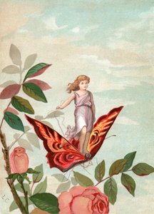 Víla jedoucí na motýlovi mezi růžemi od Unknown artist