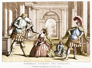 Farinelli (Carlo Broschi, dit; 1705 - 1782) se sopranistkou Cuzzoni a kastrátem Francescem Bernardem Senesinem (1680 - 1750) v opeře George Fredericka Händela (Georg Friedrich Handel od Unknown artist