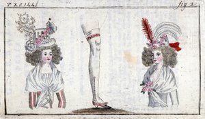 Móda 18. století: účes a podvazek žen kolem roku 1788. od Unknown artist