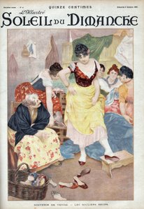 Móda konce 19. století: nové boty z Benátek. Ženy zkoušející boty z italského města. Rytina v „“Le sun-du-dimanche“, 8. října od Unknown artist