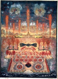 Ohňostroj a iluminace 16. června 1744 v Moskvě (Rusko). Anonymní práce, akvarel a kvaš na kartonu, polovina 18. století. Rokokové umění. Státní historické muzeum, Moskva. od Unknown artist