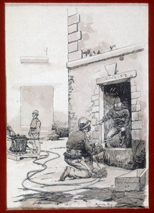Hasiči: požární technika ze sklepů. rytina sd. 19. století od Unknown artist