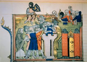 První křížová výprava: Godefroi (nebo Godefroy) z Bouillonu (1058-1100) v kulaté věži zaútočil na Jeruzalém v roce 1099. Miniatura z “” Roman De Godefroy De Bouillon et de Saladin”” od Unknown artist