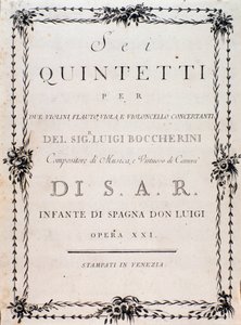 První strana partitury "" Šest kvintetů pro dvoje housle, flétnu a violoncello "" od Luigiho Boccheriniho od Unknown artist