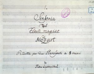 První strana symfonické partitury redukována na dva klavíry a osm rukou Die Zauberflote, Mozartova opera, verze Lichtenthal (19. století) od Unknown artist