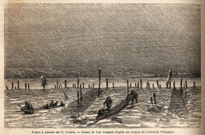 Pasti na ryby, umístěné na březích řeky Yukon (extrémní severní Kanada). Rytina pro ilustraci plavby a dobrodružství v anglické Kolumbii, na ostrově Vancouver a na Aljašce, Frederick Whymper od Unknown artist