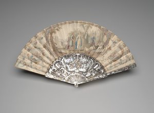 Skládací vějíř s Jacobem, který se setkává s Rachel u studny, cca 1760-70 (kvaš a akvarel na jednom pergamenovém listu, perleť, zlacení a vložené drahokamy) od Unknown artist