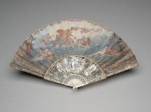 Skládací vějíř se „Zapadáním slunce“ podle Françoise Bouchera, po roce 1753 (kvaš a w/c na jediném pergamenovém listu, slonovina, zlacení, kvaš, perleť a drahokamy z pasty) od Unknown artist