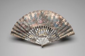 Skládací vějíř s pastorační scénou, cca 1740-60 (kvaš na dvou listech papíru, perleť, zlacení a drahokam z pasty) od Unknown artist