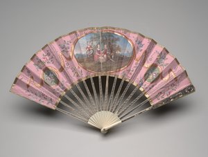 Skládací vějíř s pastýřskou scénou na "domino" půdě, cca 1770-80 léta (kvaš a akvarel na dvou listech papíru, slonovina, zlacení, perleť a drahokamy z pasty) od Unknown artist