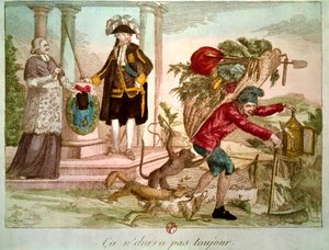 Francouzská revoluce: „“ Nebude to vždy trvat „“: rolník přemožen prelátem a šlechticem. Rytina 18. století. B.N., Paříž. od Unknown artist