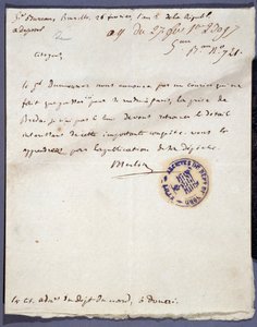 Francouzská revoluce: ručně psaný dopis ze dne 26.2.1793 od denomme Merlin o dobytí města Breda v Holandsku dne 24. února generálem Dumouriezem. Archiv departementu Nord Lille od Unknown artist