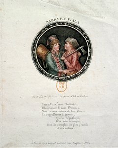 Francouzská revoluce: zastoupení Barra a Viala. Joseph Agricol Viala (1780-1793) a Joseph Bara (1780-1793), děti hrdinů Francouzské revoluce, kteří bojovali v Marseille a ve Vendee za Republiku. Rytina 18. století od Unknown artist