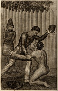 Pátek je vhozen do náruče Robinsona Crusoe, rytina vložena do „Les aventures de Robinson Crusoe“ od Daniela Defoe od Unknown artist