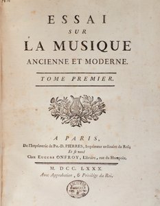 Frontispis „“Esej o staré a moderní hudbě““ od Jeana Benjamina de Laborde (Jean-Benjamin de La Borde) (1734-1794) 1780 Bologna, Civilo museo musicale od Unknown artist