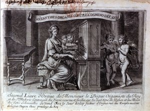 Frontispice druhé varhanní knihy pana Nicolase Lebègue. Francouzský skladatel 1631 až 1702. Varhaník sloužící Ludvíku XIV. Paris BNF od Unknown artist
