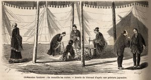 Pohřební obřady: po spálení, sběr ostatků. Rytina k ilustraci plavby do Japonska v letech 1863-1864 od Aime Humberta, ministra Švýcarské konfederace, v „Le tour du monde, nouveau journal des voyages“, vydaném pod vedením od Unknown artist