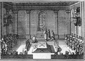 Pohřeb papeže v 18. století: ceremonie obseques. Rytina v „Histoire des religions““. od Unknown artist
