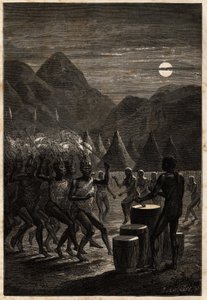 Pohřební obřad mezi Lakuty (kmen nacházející se v oblasti Horního Nilu), bubny a rituální tance v měsíčním světle. Engravure pour illustration le voyage au lac Albert, en 1861-1864, od Sir Samuel White Baker, v „Le tour du monde, nouveau journal des od Unknown artist