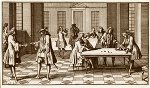 Herna v 18. století – rytina Sebastiena Le Clerca v „Essay d’analyse sur les jeux de chance“ od Pierra Remonda de Montmort 1708 – od Unknown artist