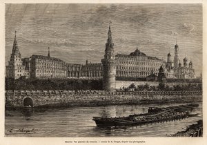 Celkový pohled na Kreml, geografické centrum Moskvy a politické centrum Ruska, čtvrť vybudovaná ve 14. století byla vždy rozšiřována a obnovována po celé historické peripetie země. Rytina pro ilustraci La Rus od Unknown artist