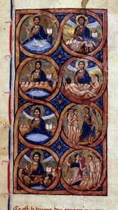 Genesis: reprezentace různých fází stvoření světa (kosmogonie). Miniatura z rukopisu „Univerzální historie“““ 13. století. Městská knihovna Dijon od Unknown artist