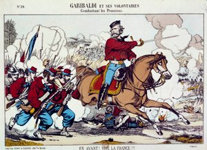 Giuseppe Garibaldi (1807-1882) bojující se svými dobrovolníky proti Prusům. „Vpřed, ať žije Francie“ Kolem roku 1871. Rytina B.N. Paříž od Unknown artist