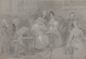 Skupina postav s mužem malujícím akvarely a dívkou podávající šálky čaje od Unknown artist