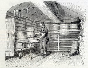 Sýrový obchod Gruyère ve švýcarské chatě (mytí crut) - v „Zázracích průmyslu““ od Louise Figuiera od Unknown artist