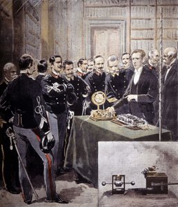 Guglielmo Marconi představil bezdrátový telegraf (TSF) na konferenci na ministerstvu námořnictva v roce 1897. od Unknown artist