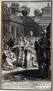 Hector, který přišel do Troyes, zatímco Řekové a Trojané byli v jejich rukou, byl sužován bolestí Andromaque a pláčem svého syna, kterého před návratem do bitvy něžně políbil. Ilustrace knihy VI Iliady z Homere, Fren od Unknown artist