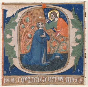 Historická iniciála (O) vyňatá z antifonáře: Dárce, Gorus Fucci, klečí před Kristem od Unknown artist