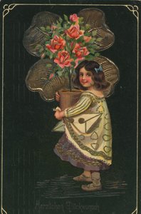 Historické přání s dítětem a velkou hrnkovou rostlinou, růží od Unknown artist