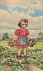 Historická pohlednice s šťastnou dívkou na louce, přání od Unknown artist