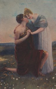 Historické přání s historickým motivem, žena a válečník středověku od Unknown artist