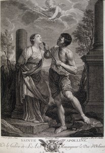 Svatá Appoline si během pronásledování vyláme zuby, protože odmítla vzdát hold římským bohům. Rytina 17. století. od Unknown artist